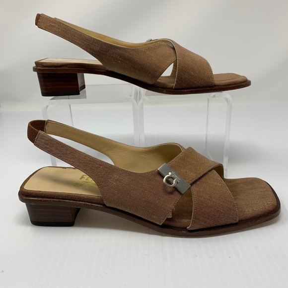 Salvatore Ferragamo Tiberia Brown Silk Square Toe Block Heel Slingback Sandals 7